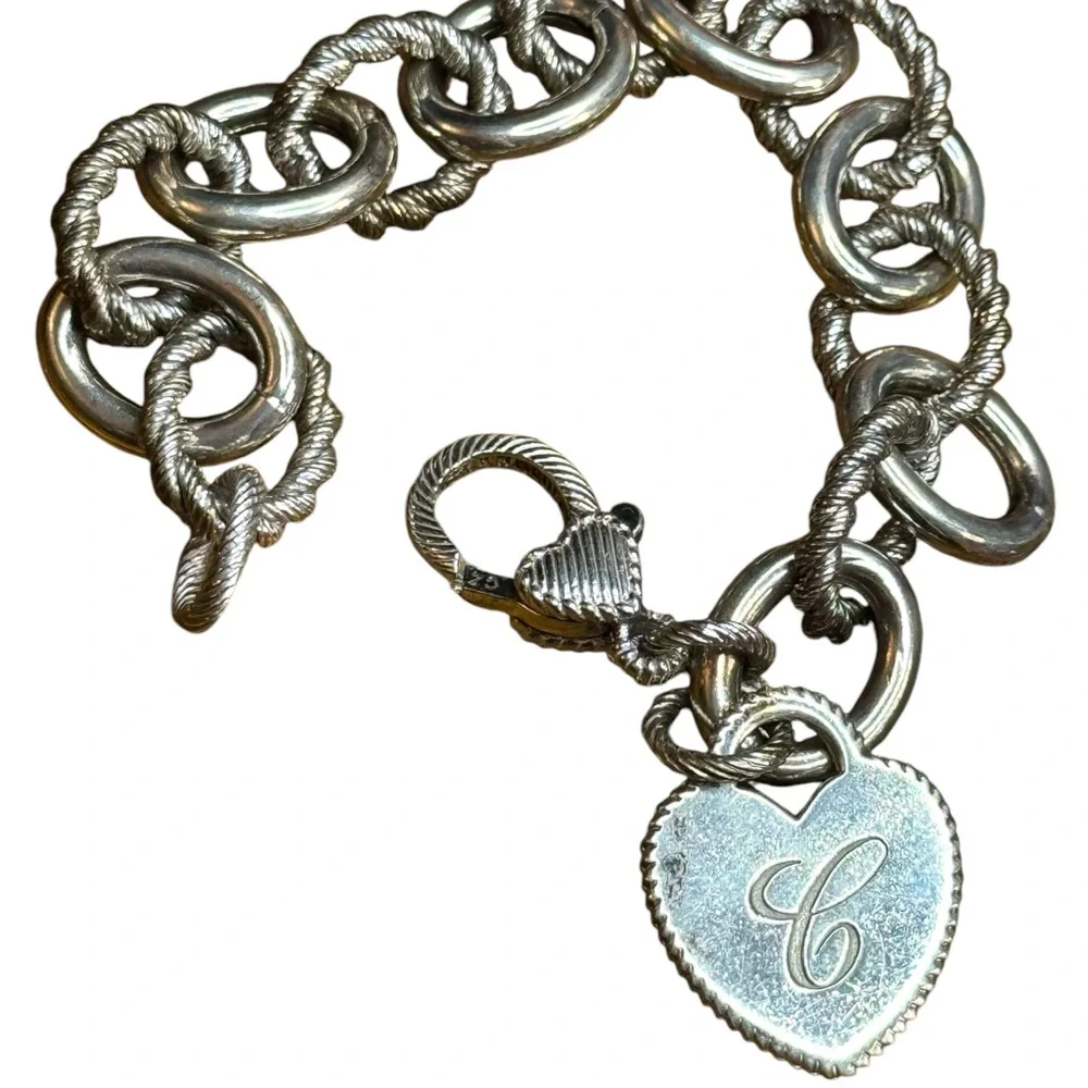Judith Ripka Chain Bracelet Heart Charm Initial C Sterling Silver 925 CZ - Picture 3 of 8